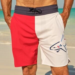 NWT Greg Norman Shark Swim Trunks Men’s M Red White Colorblock Board Shorts